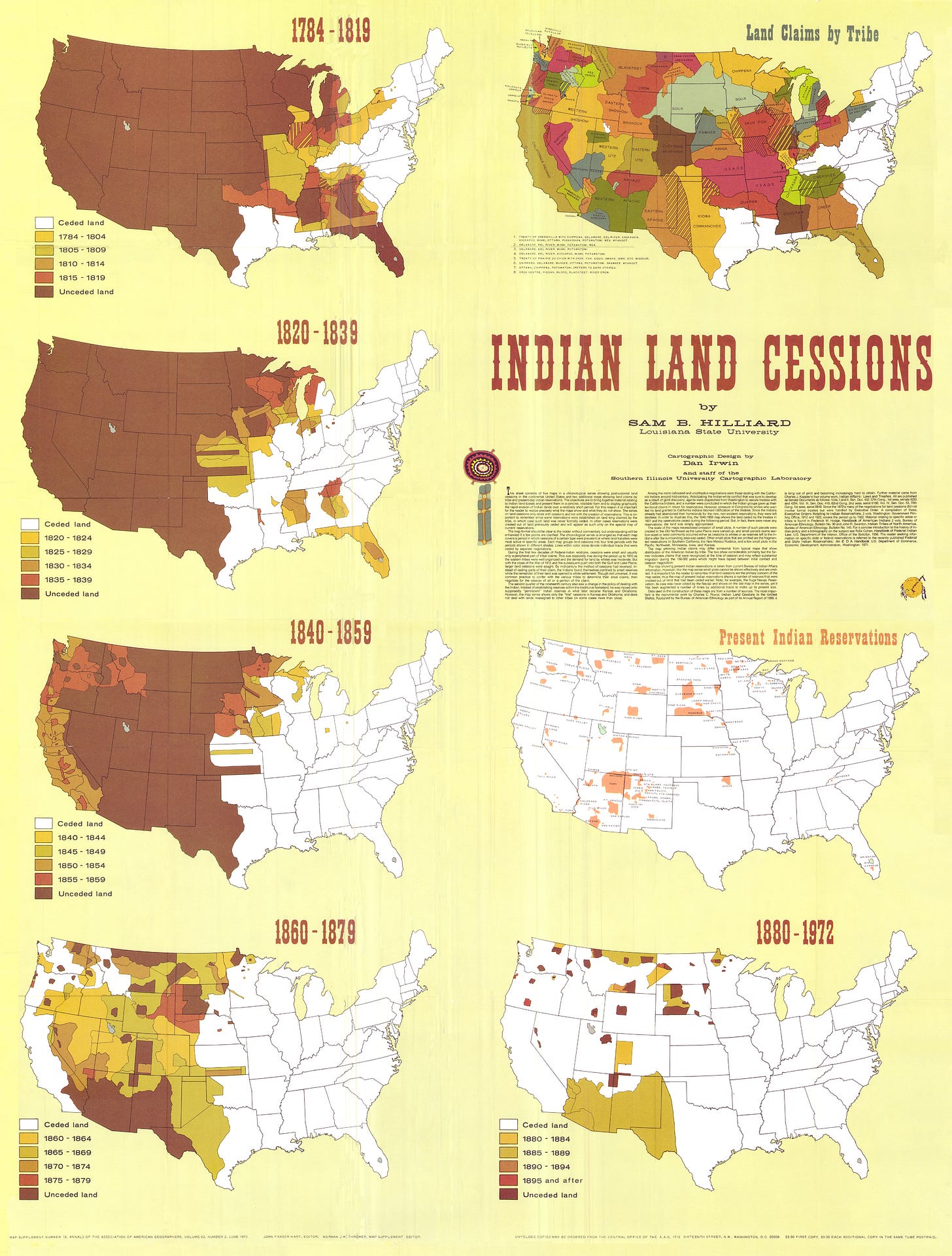 A collection of maps showing the loss of tribal land in the United States over time, ending with a map of current tribal reservations.