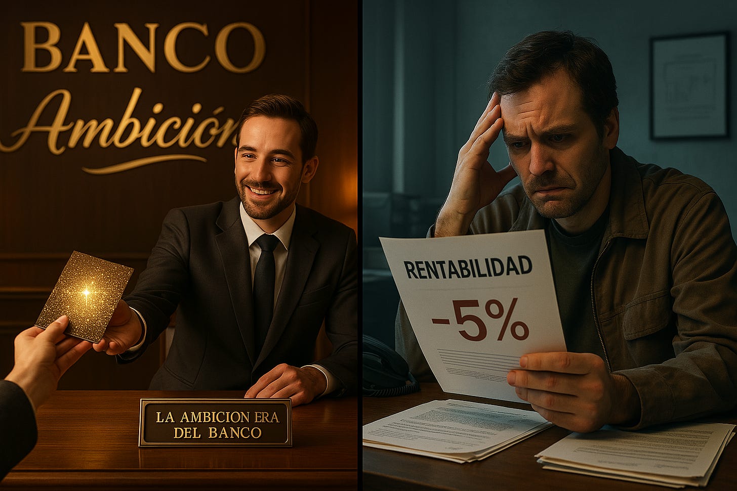A split-screen image: on the left, a luxurious, slick bank office with golden lettering and the word "Ambición" in elegant cursive, while a smiling banker in suit hands over a glittering brochure; on the right, a gloomy office with a frustrated customer holding a report showing red negative numbers and a title “Rentabilidad -5%”. The contrast should be ironic and dramatic, with satirical undertones. Use cinematic lighting and Spanish banking aesthetic. Estilo visual sugerido: Cinemático, tonos cálidos a la izquierda y fríos a la derecha. Un aire de “publicidad engañosa vs realidad”. Satírico, como un anuncio de perfume que acaba siendo factura. Puedes incluir un pequeño cartel tipo “La ambición era del banco” en algún lugar de la imagen (como en una plaquita del despacho del banquero