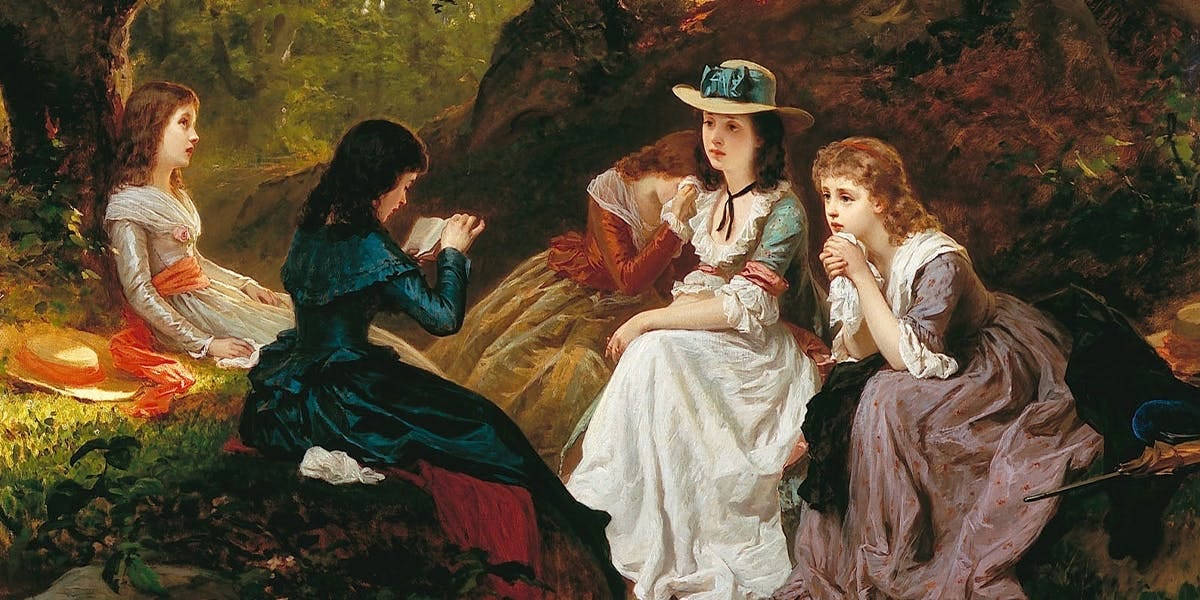 Wilhelm Amberg (1822-1899), Lecture from Goethe's Werther, 1870, Alte Nationalgalerie, Berlin. Photo in the public domain (detail)