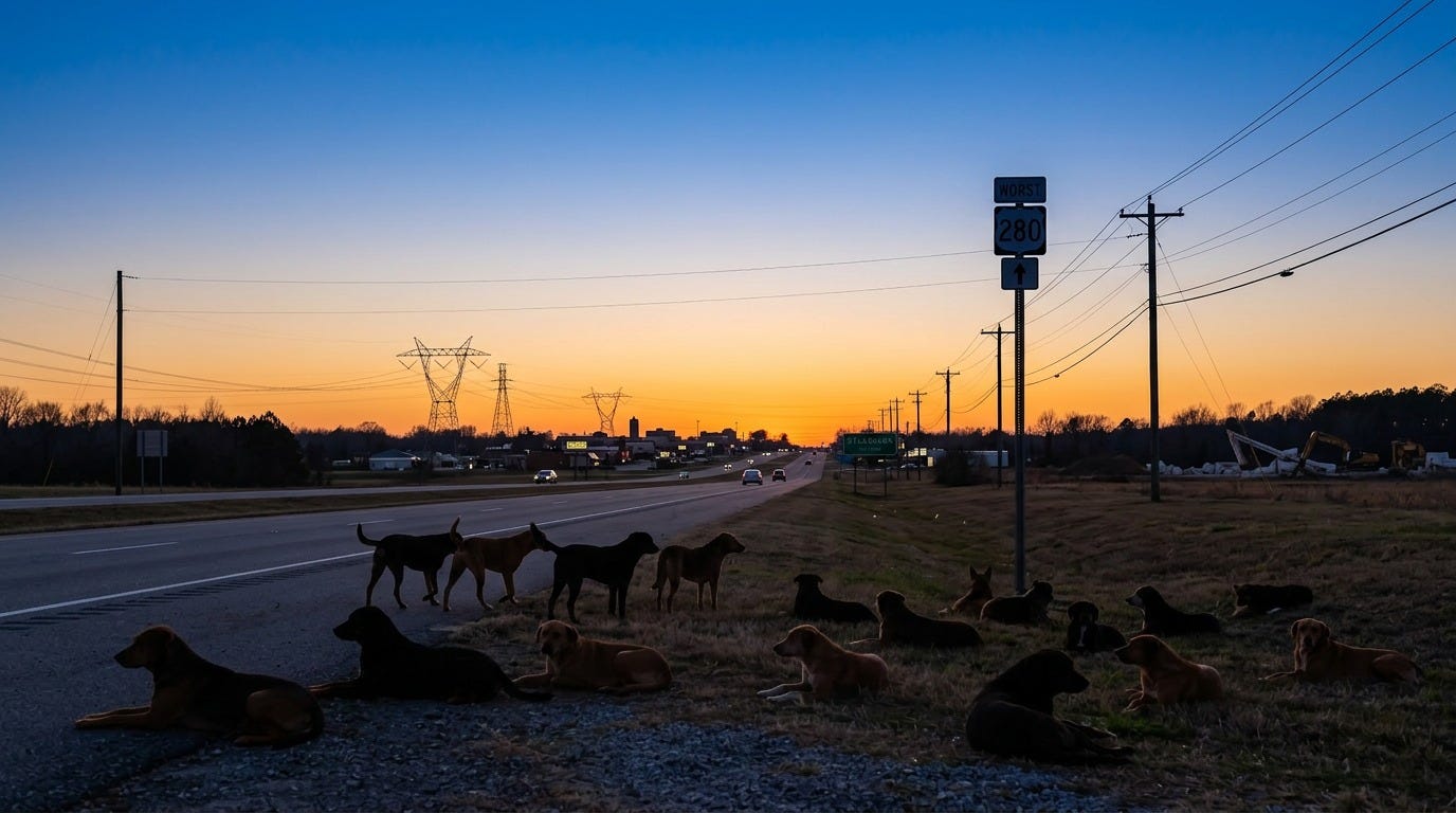  pack of about 20 stray dogs lying and standing on the shoulder of US-280 in Sylacauga, Alabama at sunset, with a road sign for US-280 visible in the foreground