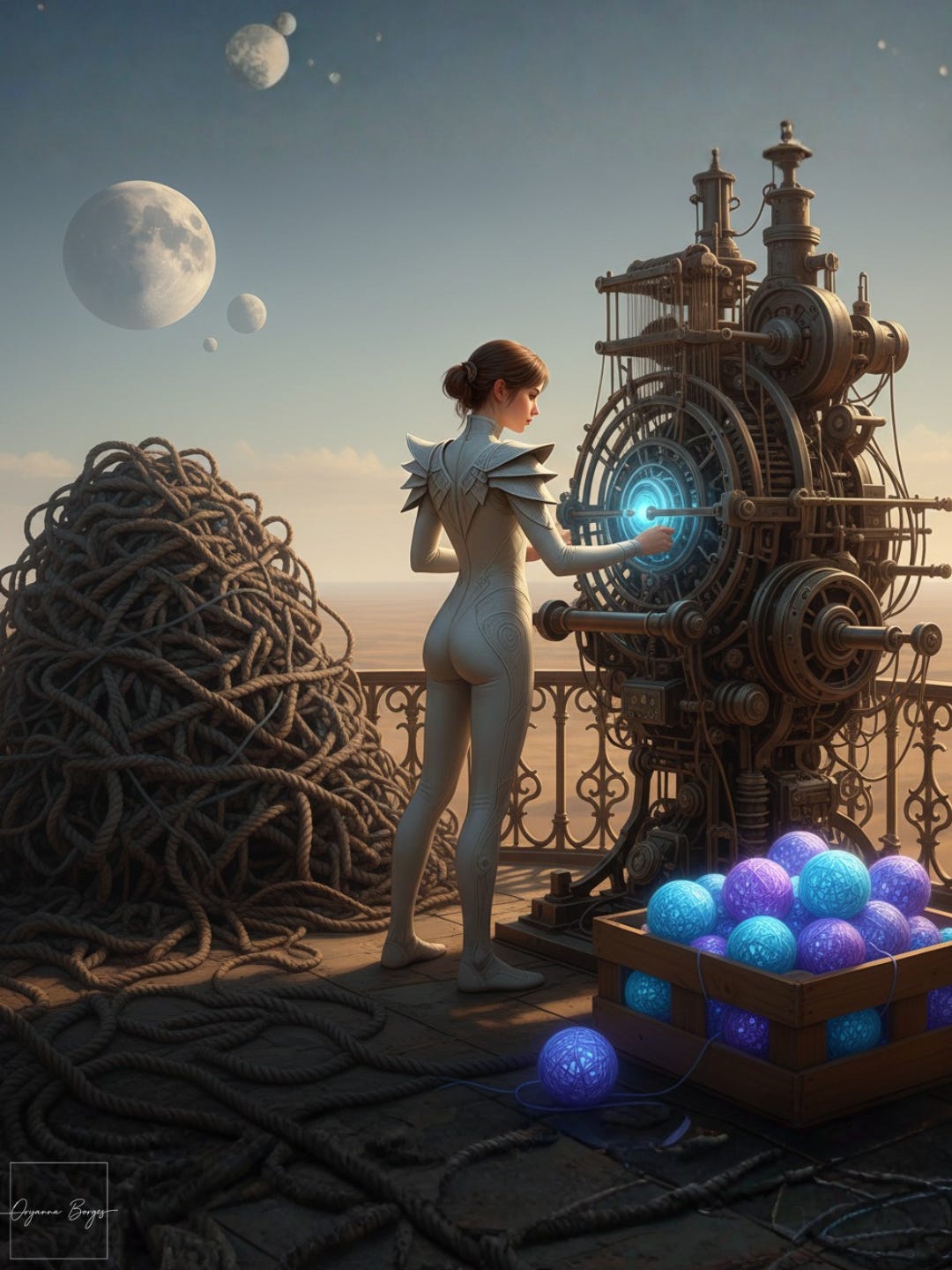 A vertical 3:4 cinematic illustration of a young woman, 'The Weaver,' in a futuristic white suit, operating a complex, glowing blue mechanical loom. She stands on a balcony overlooking a vast, dusty landscape under a foreign sky with large planets. Around her are piles of raw fiber and crates of glowing blue yarn, symbolizing the transformation of sensory experience into art