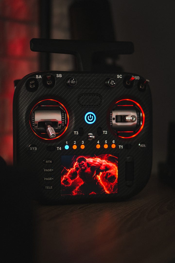 RadioMaster TX15 Max showcasing different color themes, including red, purple, green, blue with beautiful led and AG02 sticks