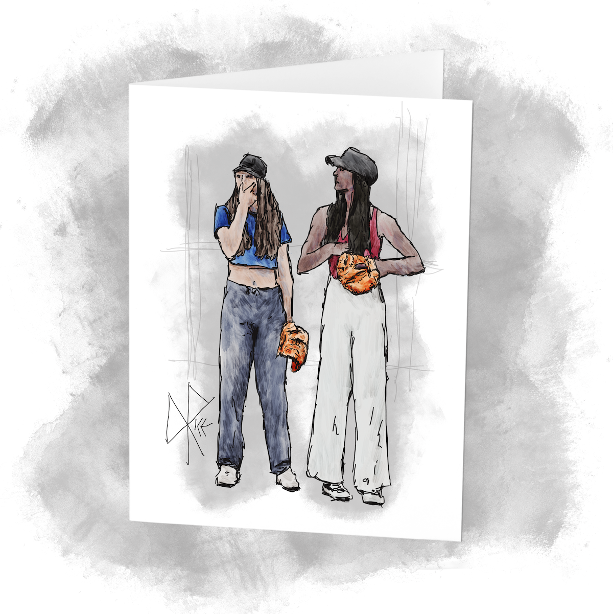 Two teen girls stand in the field, wearing their baseball gloves and caps. Sketch art by Don Rice. Two teen girls stand in the field, wearing their baseball gloves and caps. Sketch art by Don Rice.