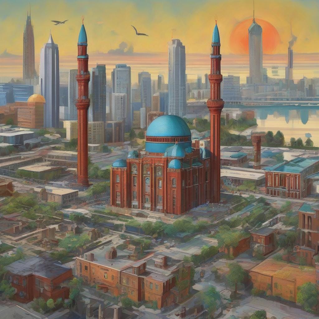 A city with towers and a large building

Description automatically generated