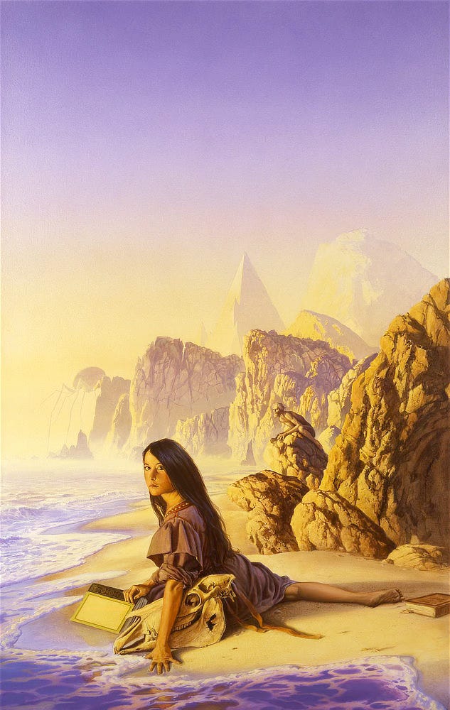 Amethyst water rolls gently onto the shore where a young woman is seated. She is positioned awkwardly with one knee out and the other leg behind her as she turns to face the audience. Her weight is on her left arm, crossing protectively over a horse skull. Her fingers sink into the wet sand while her other hand rests on the spine of a hardcover book, fanned with block down in the web sand. A bearded man perches on an outcrop of rock behind her, blending with the craggy backdrop. Among the mountains, a tall pyramid reaches to the sky only to be outdone by the half dome of rock next to it. In the hazy distance of the shore, a long-legged spidery creature as tall as the mountains tip toes into view.