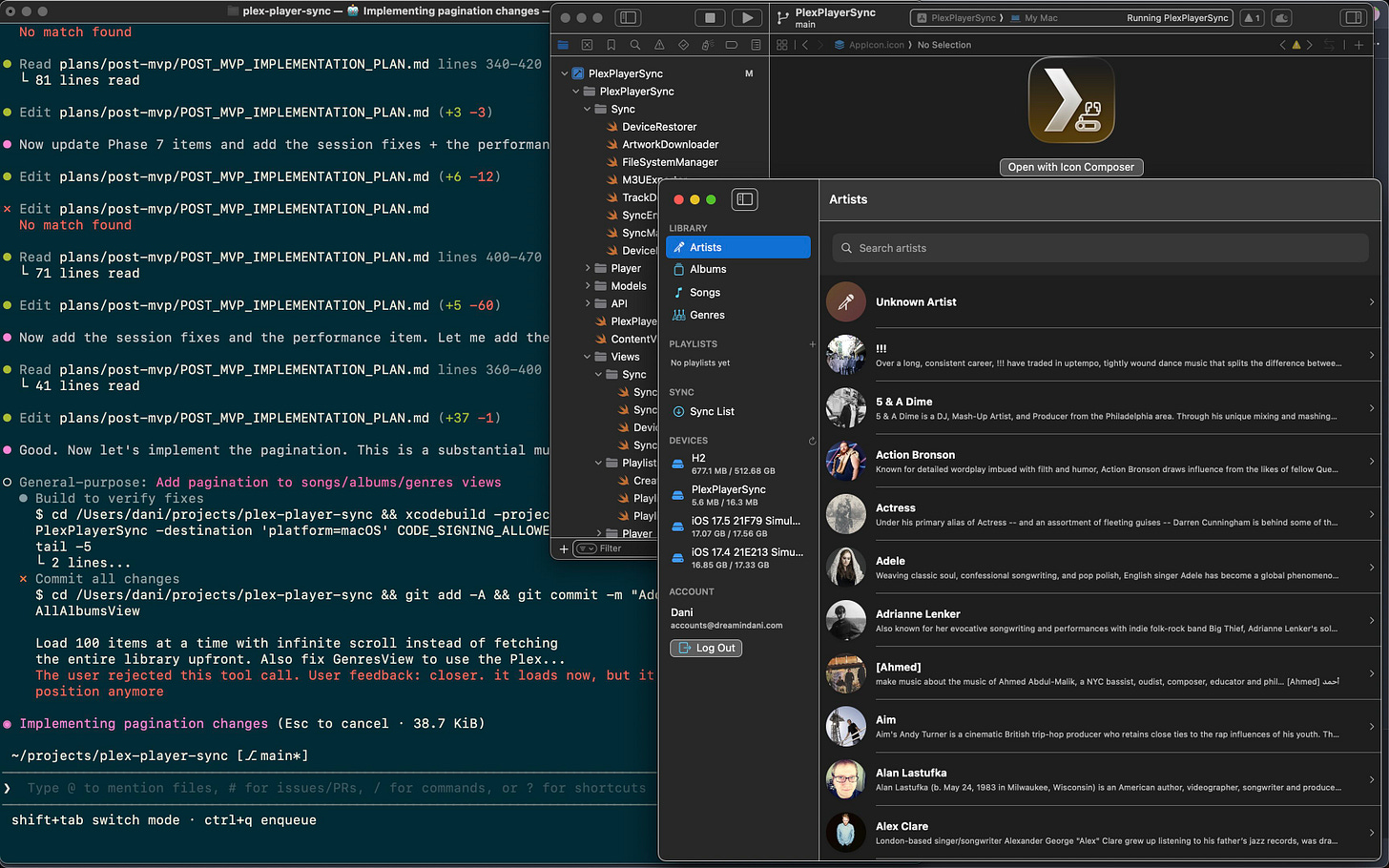 A screenshot of a terminal with an instance of XCode and a custom mac os over it. The mac app looks like a media player with a sidebar to organize a music library and sync to devices