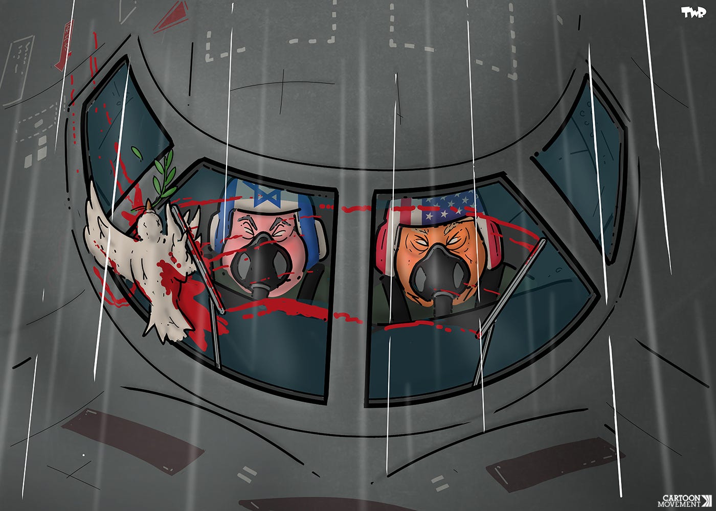 Cartoon showing Netanyahu and Trump as pilots of a B2 bomber. The dove of peace has collided with the windshield and wipers are wiping the crushed dove and the blood away while the bomber speeds on.