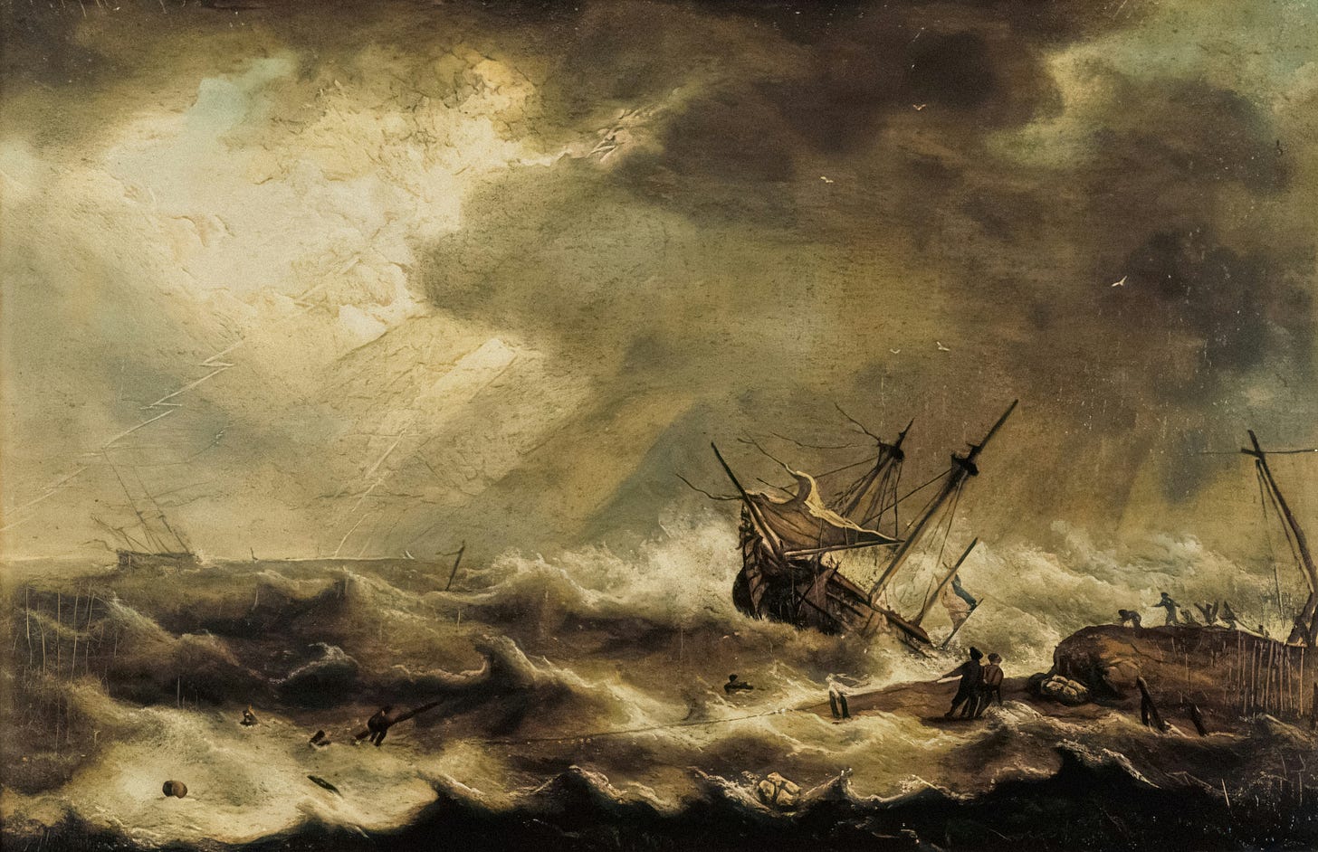 a painting of a ship sinking during a storm.