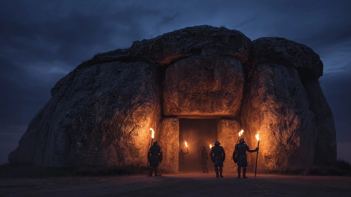 Roman soldiers holding torches standing guard outside a sealed stone tomb at night under a dark cloudy sky.