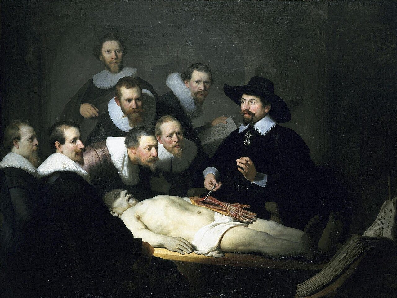 A surgeon lifts the tendons of a dissected forearm before a group of watching doctors A surgeon lifts the tendons of a dissected forearm before a group of watching doctors
