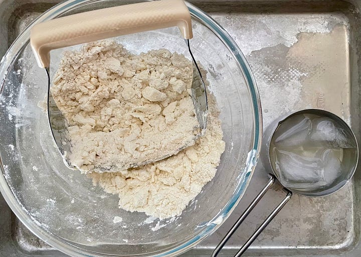 pastry cutter with pie crumbs and ice water/vinegar, and a rolling bag with rolling pin and pie crust