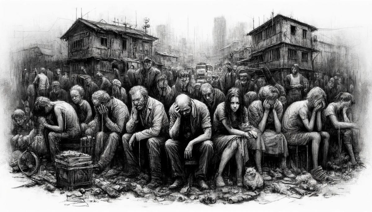 A crowded, dilapidated urban environment filled with despondent people of various ages sitting or standing, all appearing weary or in distress.