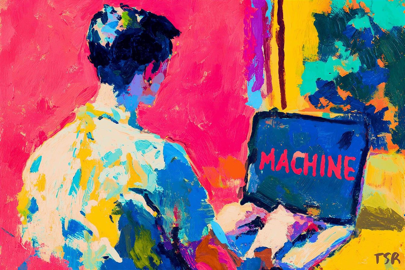 Human typing on a laptop with nothing but the word ‘MACHINE’ written on the screen.