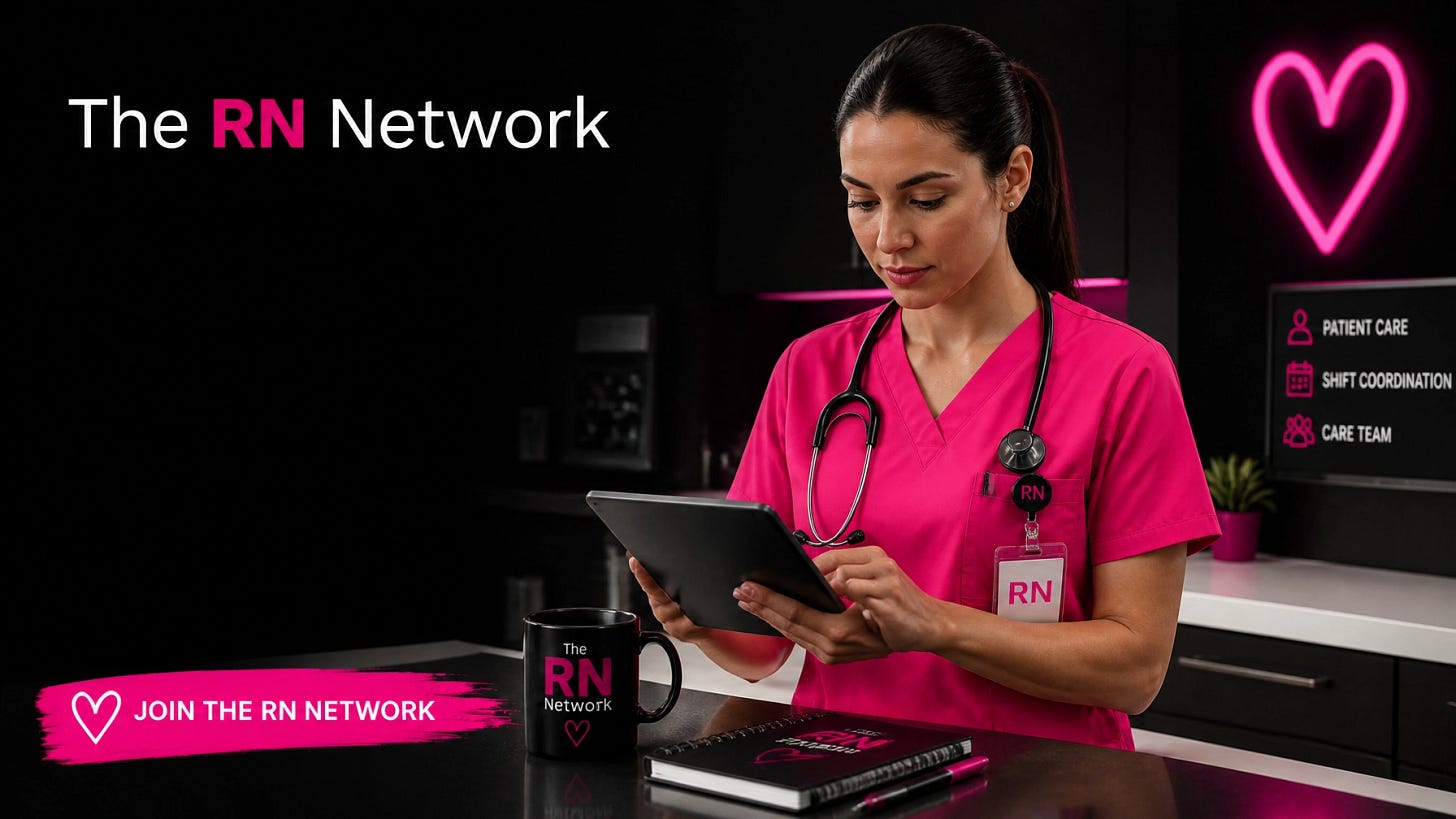 A professional nurse in pink scrubs reviewing clinical shift coordination on a digital tablet with the RN Network logo