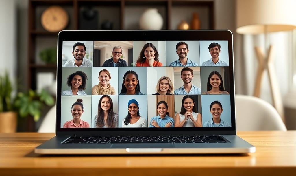 Laptop on a wooden desk showing a video call with a diverse group of people smiling during a remote team meeting, symbolizing the emotional labor of hybrid work. Laptop on a wooden desk showing a video call with a diverse group of people smiling during a remote team meeting, symbolizing the emotional labor of hybrid work.