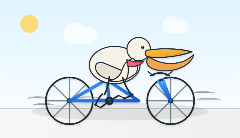 Described by GPT-5.2: Cartoon-style illustration: A white, duck-like bird with a small black eye, oversized orange beak (with a pale blue highlight along the lower edge), and a pink neckerchief rides a blue-framed bicycle in side view; the bike has two large black wheels with gray spokes, a blue front fork, visible black crank/pedal area, and thin black handlebar lines, with gray motion streaks and a soft gray shadow under the bike on a light-gray road; background is a pale blue sky with a simple yellow sun at upper left and two rounded white clouds (one near upper center-left and one near upper right). Described by GPT-5.2: Cartoon-style illustration: A white, duck-like bird with a small black eye, oversized orange beak (with a pale blue highlight along the lower edge), and a pink neckerchief rides a blue-framed bicycle in side view; the bike has two large black wheels with gray spokes, a blue front fork, visible black crank/pedal area, and thin black handlebar lines, with gray motion streaks and a soft gray shadow under the bike on a light-gray road; background is a pale blue sky with a simple yellow sun at upper left and two rounded white clouds (one near upper center-left and one near upper right).