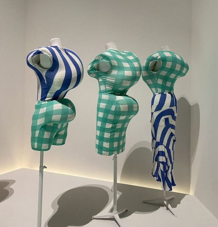 comme des garcons ss97 collection blue and green on display