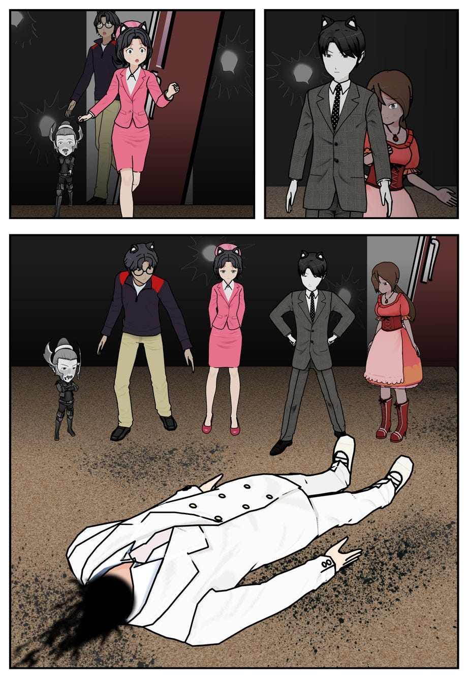 Mouse, Ruff, and Rae join Ace and Jackie, and they stand around Greeneye's now headless body.