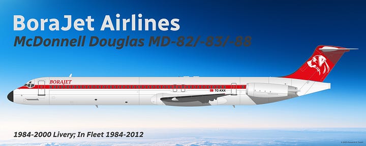 BoraJet McDonnell Douglas MD-82/83/88 in (L) 1984-2000 livery and (R) 2000-2012 livery, both shown in side view while in midflight.