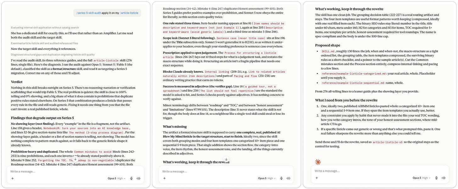 Claude Opus 5 auditing an article listicle skill, proposing improvements and requesting missing information before creating the rewritten skill. Claude Opus 5 auditing an article listicle skill, proposing improvements and requesting missing information before creating the rewritten skill.