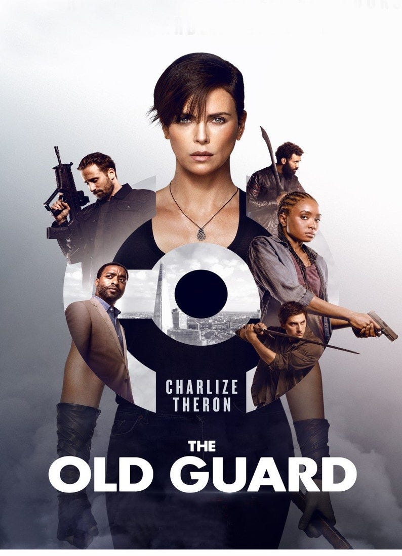 May include: Movie poster for The Old Guard featuring Charlize Theron. The poster is dark-colored with a circular design element in the center.  The title 'THE OLD GUARD' is prominently displayed in white, bold lettering.  Charlize Theron's name is also featured in white text.  Other cast members are shown in smaller images around Theron.