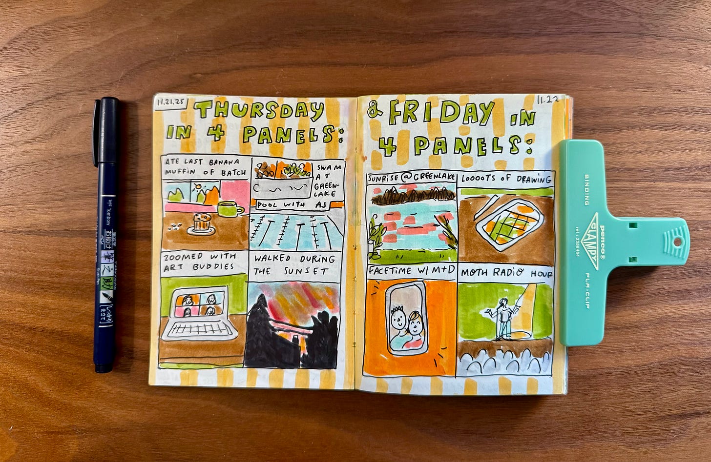 Sketchbook pages featuring eight panels, all of which showcase activities from Thursday and Friday, including a banana muffin, a swim, a szoom call, a sunset, and more. 