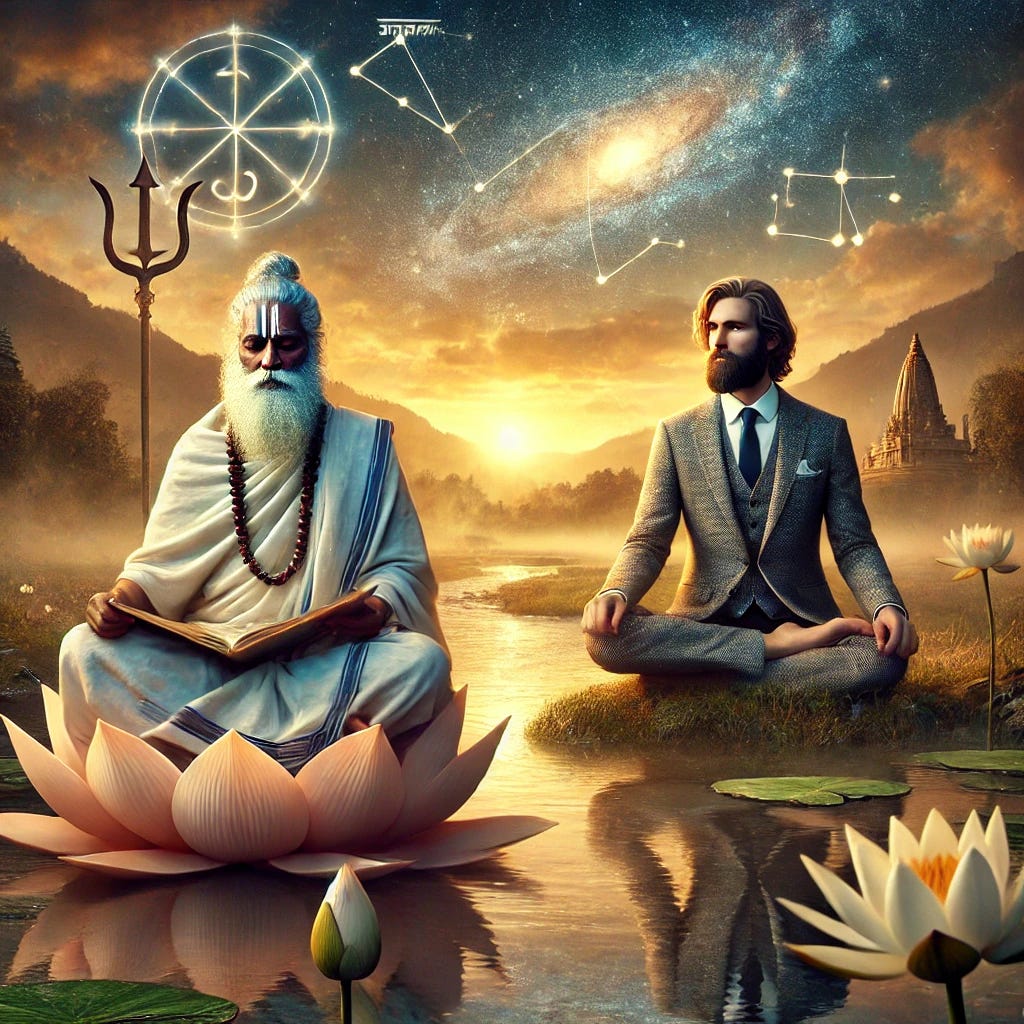 A realistic photographic image of a serene Indian landscape at sunset, where a wise sage with a flowing white beard sits in deep meditation on a lotus, holding an ancient Vedic manuscript. Nearby, a modern atheist in a tailored suit and tie sits cross-legged, thoughtfully contemplating whether to embrace Vedic wisdom for atheists. Behind them, a celestial chart with glowing constellations subtly merges into the sky, symbolizing astrology and self-discovery through Vedic texts. The scene reflects the harmony between ancient wisdom and modern contemplation, blending spiritual guidance without religion. The image is part of an article titled Vedic Wisdom for Atheists: Ancient Teachings for a Fulfilling Life authored by Anish Prasad and published at astrojagriti.substack.com.