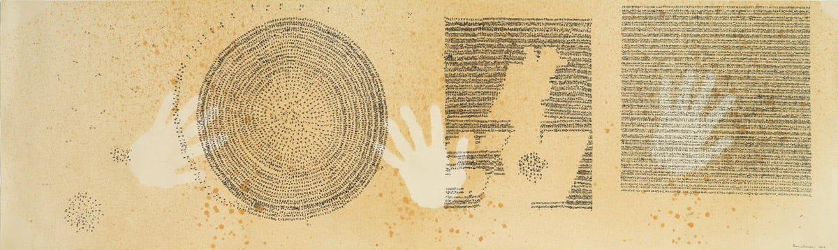Paolo Brunati Urani, La formazione del testo, (layout: mixed media on paper; reprint: ink-jet on cloth), 2008 [Fondazione Bonotto, Colceresa (VI). Art: © Paolo Brunati Urani]