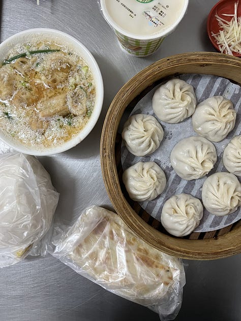images of taiwanese breakfast: soybean soup, pork buns, steam buns, and egg rolls