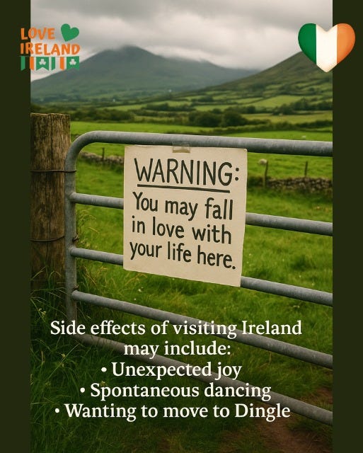 May be an image of text that says "LOVE IRELAND ハ肉ミち WARNING: You may fall in love with your life here. Side effects of of visiting Ireland may include: •Unexpected joy Spontaneous dancing Wanting to move to Dingle"
