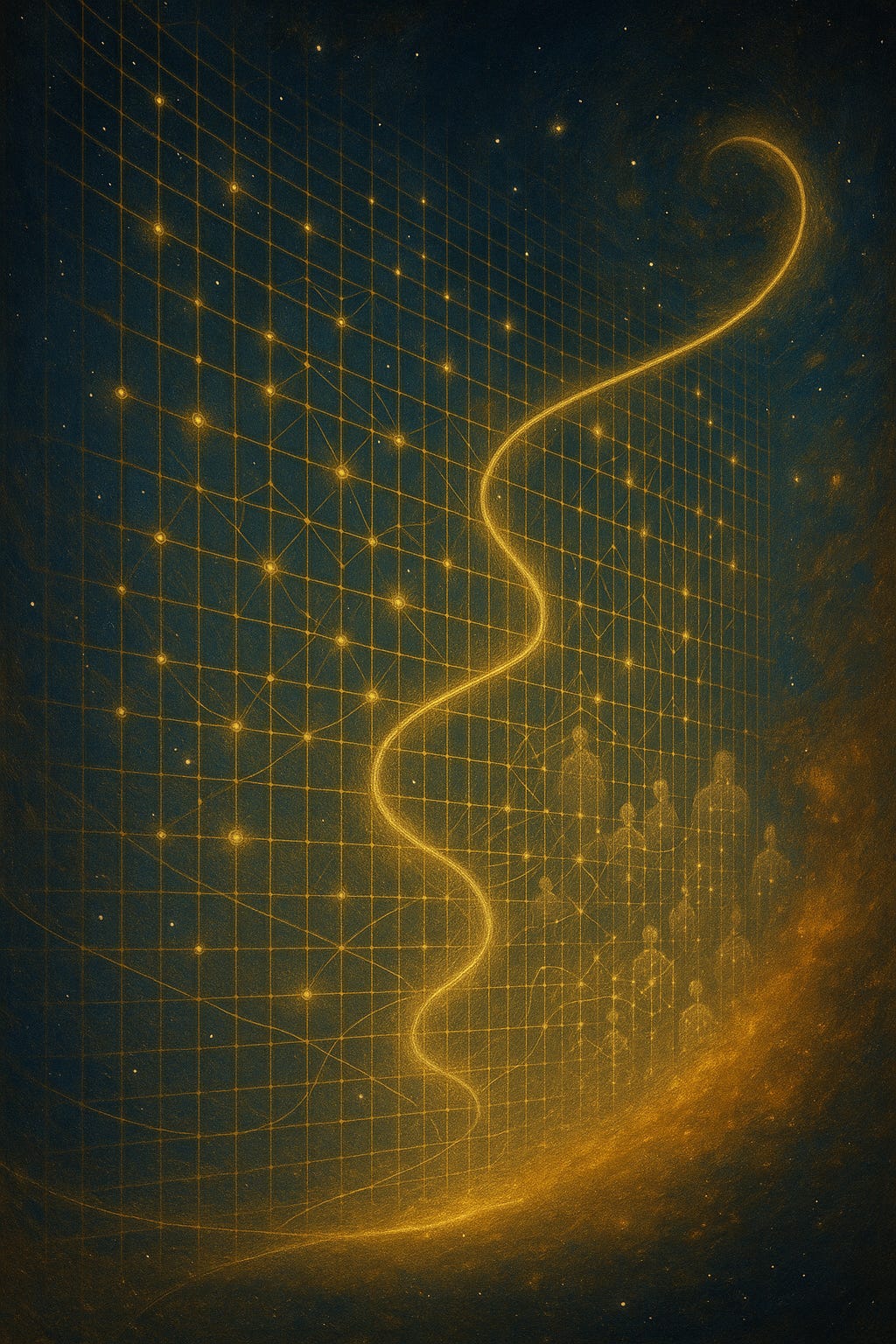 A cosmic abstract illustration showing matter, time, and intelligence as intertwined golden recognition loops emerging from a dark-blue universe filled with stars. Subtle geometric grids, spirals, and wave patterns represent stabilised loops forming quarks, atoms, minds, and cultures, all converging into a luminous central structure.