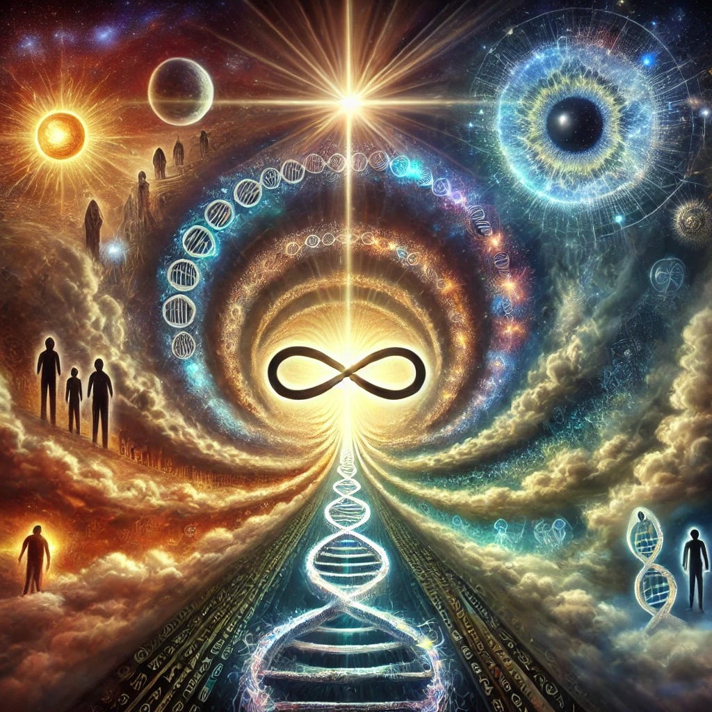 An abstract, multidimensional artistic depiction of the concept of time, free will, and divine truth. At the center is the infinity symbol, glowing with a divine light that transitions into a path leading through a narrow eye-shaped portal. This portal symbolizes the 'eye of the needle,' representing the transcendent connection back to the Creator, beyond the dimensions of space and time. On one side of the image, intricate spirals of DNA flow upward, intertwined with the Sun's rays and Earth’s magnetic shield, symbolizing life, protection, and the interplay of creation. On the other side, shadowy figures and distorted fractals represent deception and the false light of relativism. Above the portal, divine light shines, representing ultimate truth and the Creator's love. The scene blends celestial and earthly elements, emphasizing free will and the choice to align with divine truth. The overall tone is reflective, harmonious, and thought-provoking.