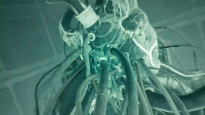 Quick succession of flashes showing Sephiroth's eyes and Jenova's heart and body in the preservation tank.