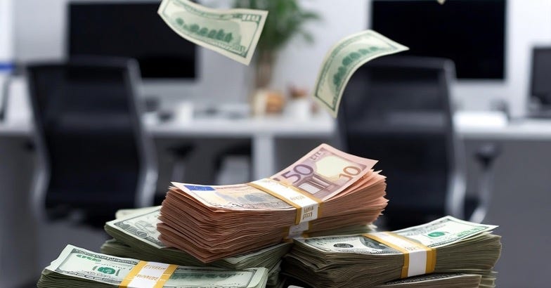 A photograph of a financial system with currency stacks and floating banknotes in a blurred office setting.