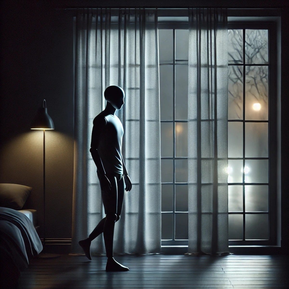 Silhouette of a lone android pacing through a dim, empty hallway, evoking solitude and endless motion.