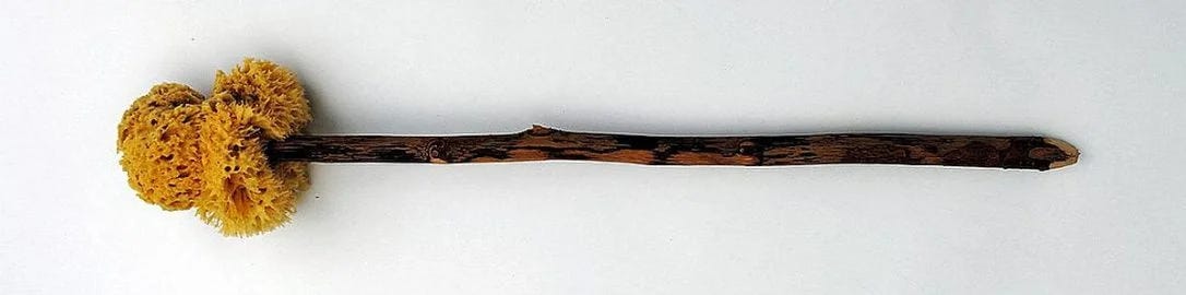 A fresco contains the first known usage of the term xylosphongio, referring to a sea sponge attached to the end of a stick. An apparatus that is used after defecation in Roman public toilets.