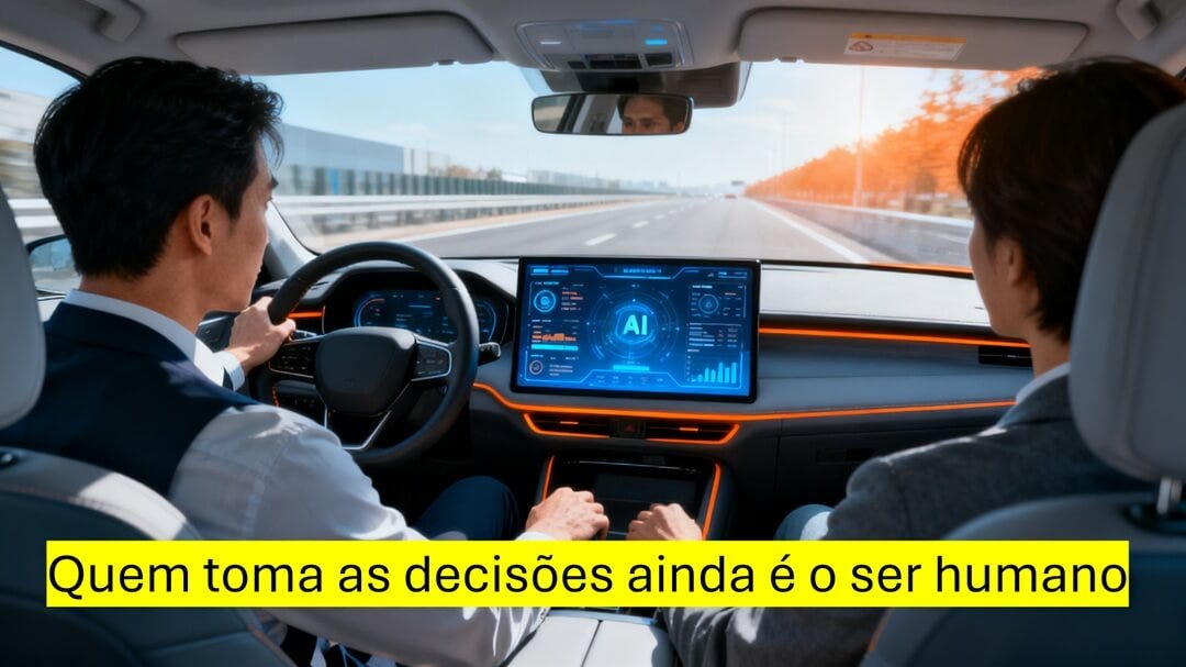 Dois homens dentro de um carro moderno com um painel com inteligência artificial Dois homens dentro de um carro moderno com um painel com inteligência artificial
