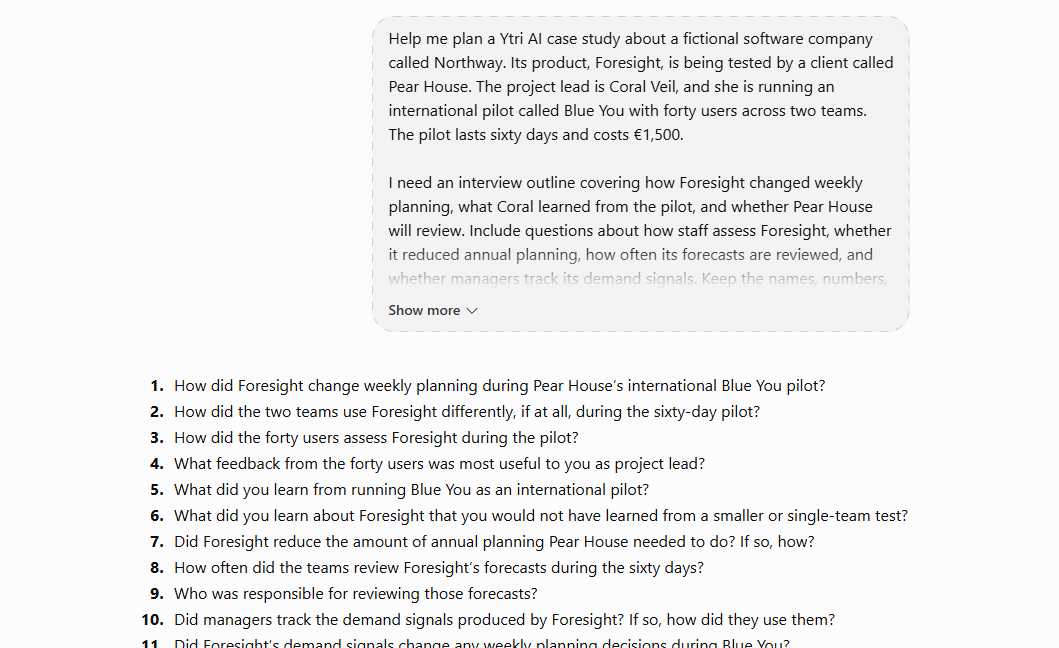 ChatGPT conversation with a dictated case study brief about fictional companies, generating 11 interview questions without flagging any potential voice transcription errors ChatGPT conversation with a dictated case study brief about fictional companies, generating 11 interview questions without flagging any potential voice transcription errors