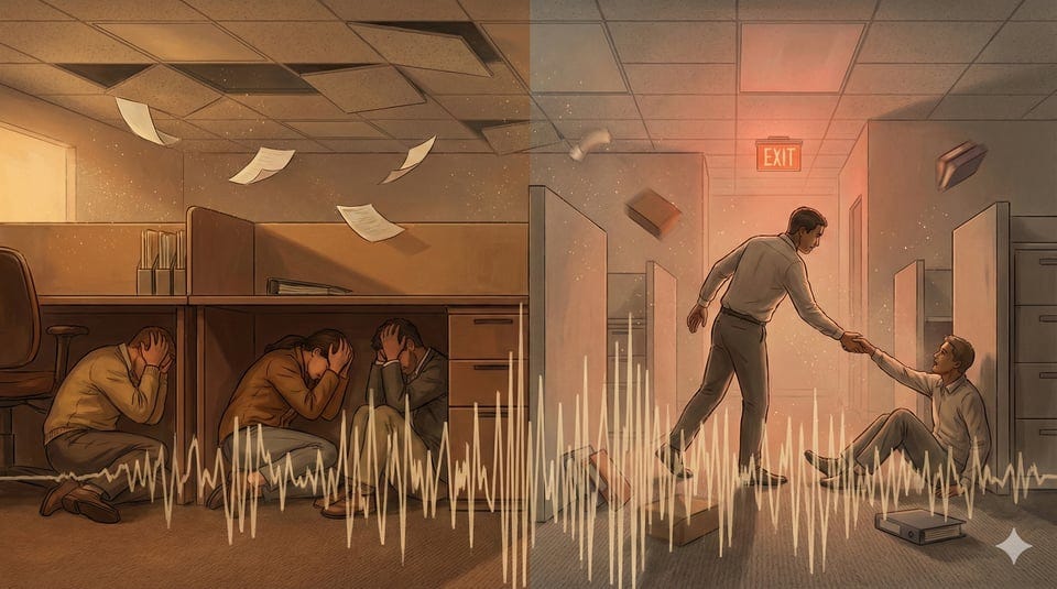 Earthquake! many people cower in fear, one stands safe and helps others Earthquake! many people cower in fear, one stands safe and helps others