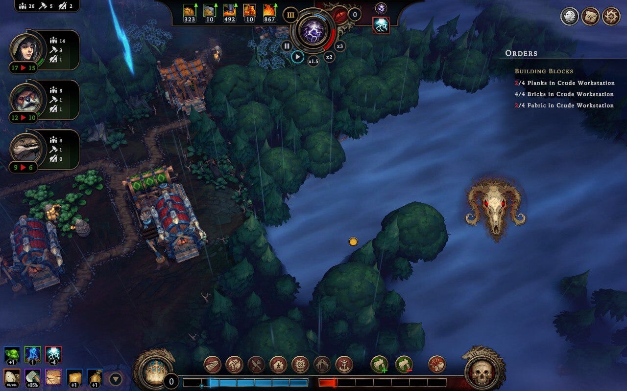 An opening in the forest is covered with mist, with an evil ram's head floating in the middle