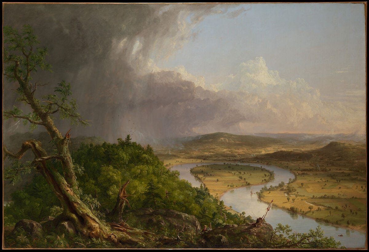Cole painting of a river bend seen from a mountain after a thunderstorm Cole painting of a river bend seen from a mountain after a thunderstorm