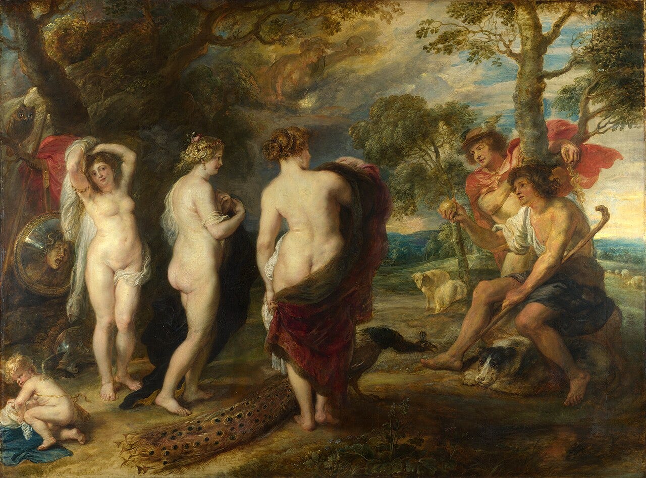 Rubens's Judgement of Paris, Paris offering the golden apple to three goddesses Rubens's Judgement of Paris, Paris offering the golden apple to three goddesses