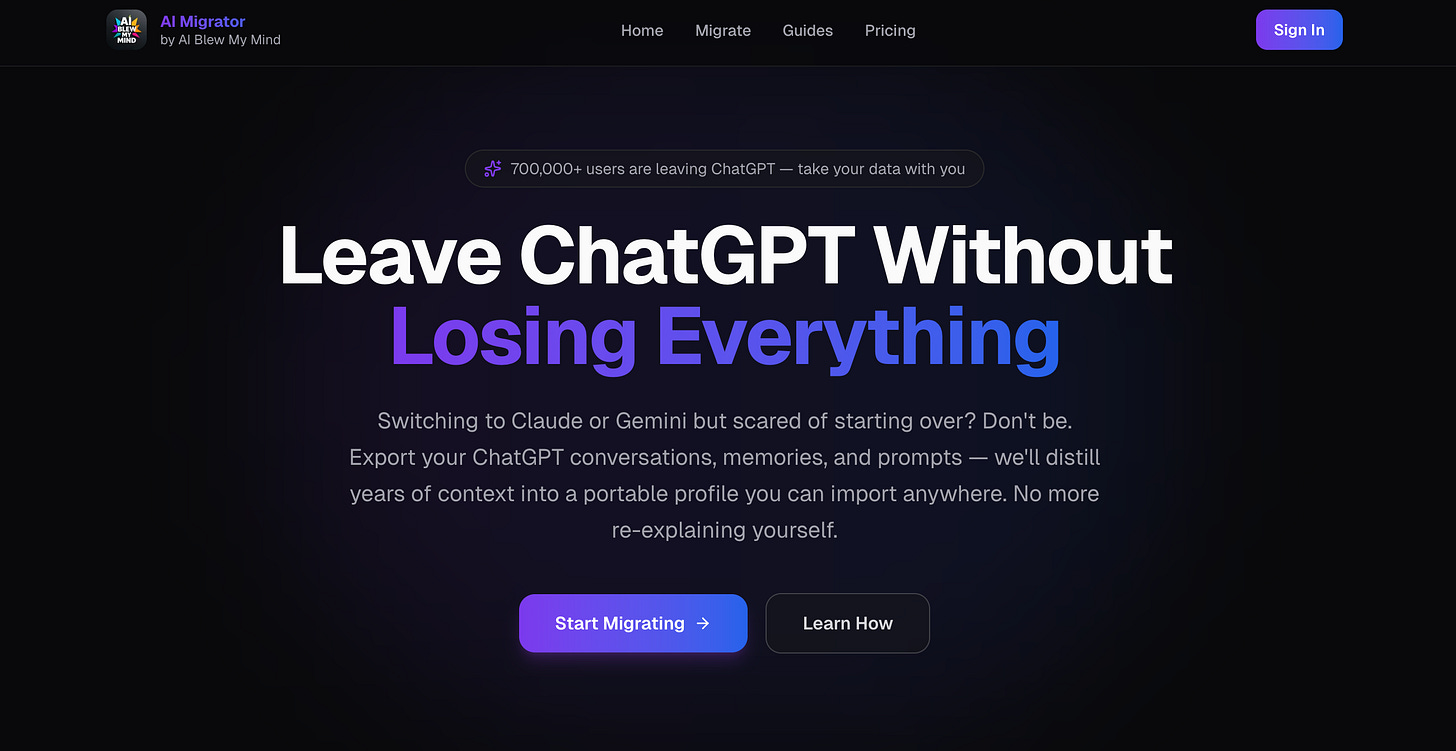 AI Migrator homepage helping users leave ChatGPT without losing everything by exporting conversations, memories, and prompts into a portable profile for Claude or Gemini.
