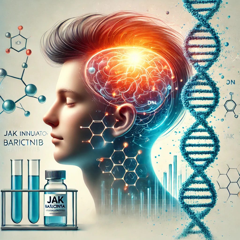 A professional medical illustration depicting a scientific breakthrough in alopecia areata treatment for adolescents. The image features a stylized representation of a teenager’s scalp regenerating hair, symbolizing hair regrowth with warm, uplifting colors. A transparent overlay of DNA strands represents the scientific innovation behind the JAK inhibitor baricitinib. Medical research icons, such as test tubes and molecular structures, subtly blend into the background, reinforcing the theme of dermatological advancements. The design is clean, modern, and approachable, avoiding unsettling visuals while ensuring clarity and engagement.