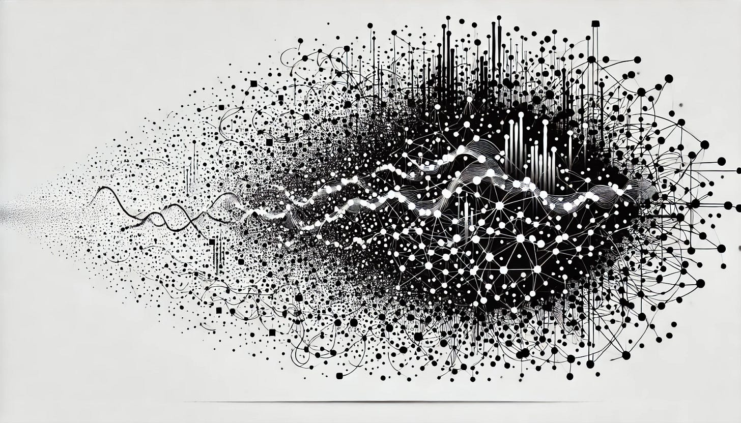 A simplified, black and white visual representation of data entropy. The image shows a complex network of nodes and connections with varying density, representing the transition from order to chaos. The left side has more structured patterns that gradually dissolve into disorganized, scattered lines and points on the right side. The background is plain white, and the image uses only black lines and shapes to depict the concept of entropy in a clean, minimalist 16:9 format.