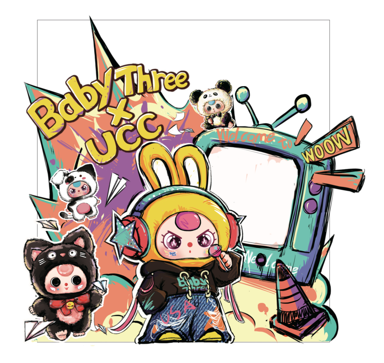 Color-saturated, comic-style illustration that reads “Baby Three × UCC.” Center stage is a Baby Three plush in a yellow bunny-ear hood, oversized headphones, a black “Baby Three” hoodie, and graffiti-scrawled jeans, licking a lollipop. Smaller Baby Three variants in panda-dog and black-cat costumes float at left, while a tiny panda perches atop a retro teal TV on the right. An orange traffic cone, starbursts, and the word “WOOW” on an arrow complete the playful, street-art scene. Color-saturated, comic-style illustration that reads “Baby Three × UCC.” Center stage is a Baby Three plush in a yellow bunny-ear hood, oversized headphones, a black “Baby Three” hoodie, and graffiti-scrawled jeans, licking a lollipop. Smaller Baby Three variants in panda-dog and black-cat costumes float at left, while a tiny panda perches atop a retro teal TV on the right. An orange traffic cone, starbursts, and the word “WOOW” on an arrow complete the playful, street-art scene.