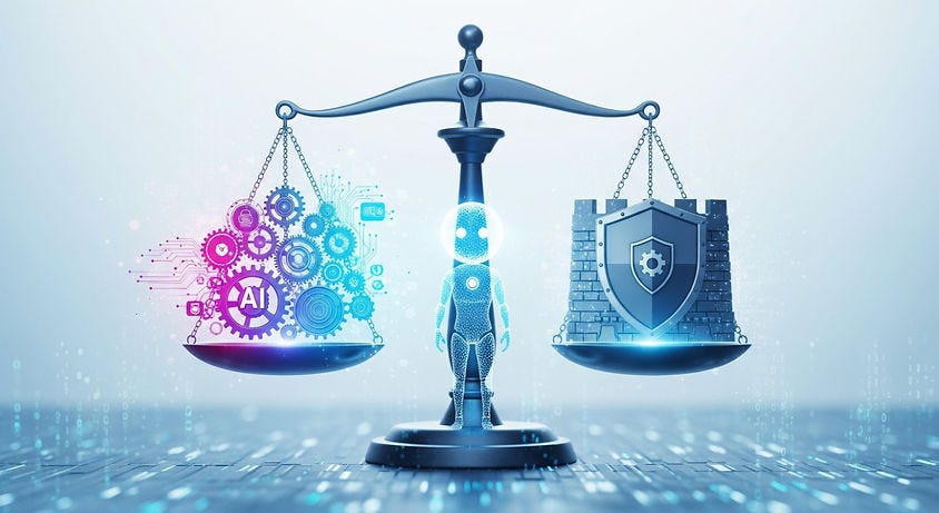 Futuristic robot balances scales; left with AI gears, right with a shield. Digital background suggests innovation and security.