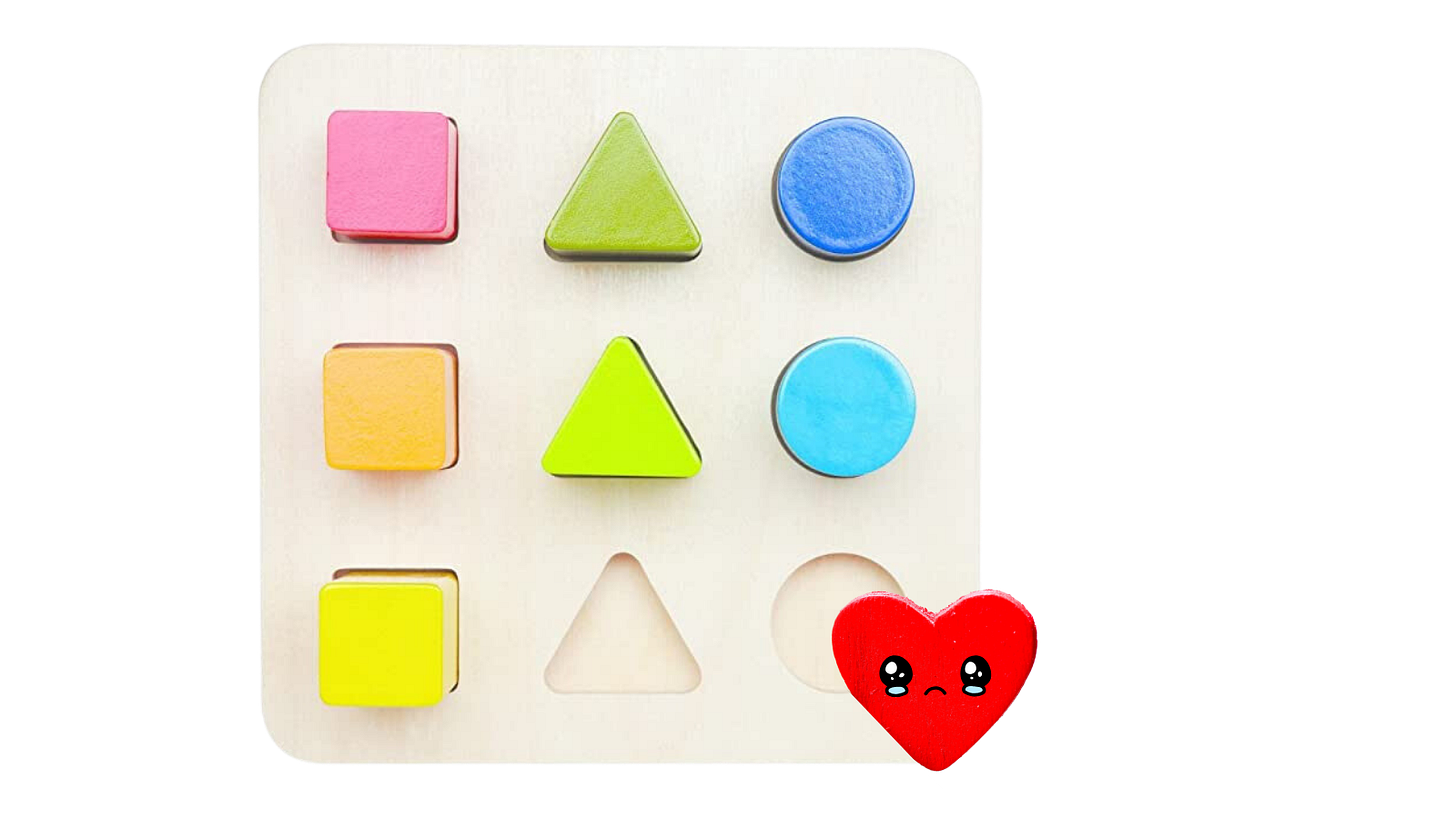 Children’s wooden shape-sorting puzzle with colourful square, triangle, and circular blocks arranged in rows, with one shape missing and a small sad cartoon heart beside the board. Children’s wooden shape-sorting puzzle with colourful square, triangle, and circular blocks arranged in rows, with one shape missing and a small sad cartoon heart beside the board.