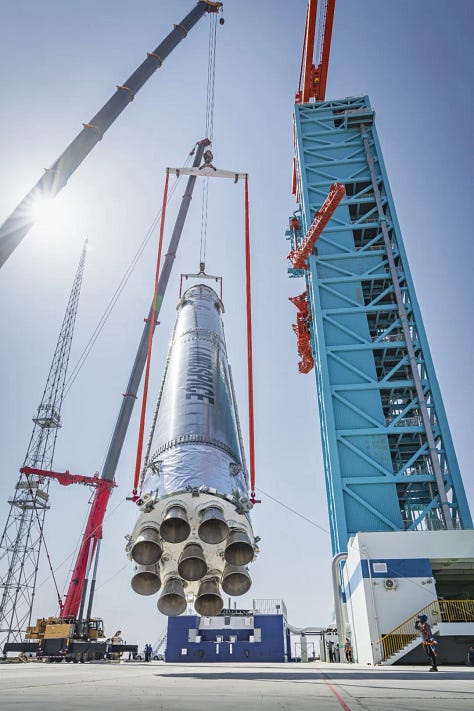 The Zhuque-3 first-stage booster test article ahead of the static fire test.