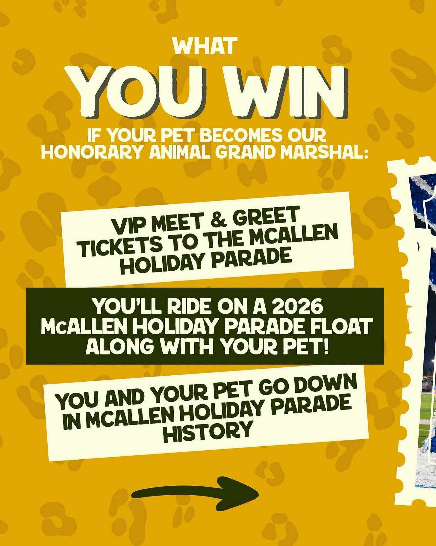 May be an image of text that says 'WHAT YOU WIN IF YOUR PET BECOMES OUR HONORARY ANIMAL GRAND MARSHAL: VIP MEET & GREET TICKETS TO THE MCALLEN HOLIDAY PARADE YOU'LL RIDE ON A 2026 McALLEN HOLIDAY PARADE FLOAT ALONG WITH YOUR PET! YOU AND YOUR PET GO DOWN IN MCALLEN HOLIDAY PARADE HISTORY'